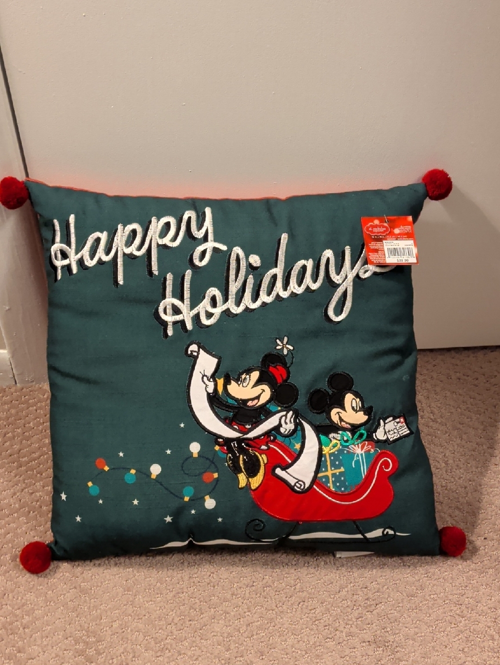 Disney 'Happy Holiday' Mickey Mouse Pillow with Red Pom-Poms